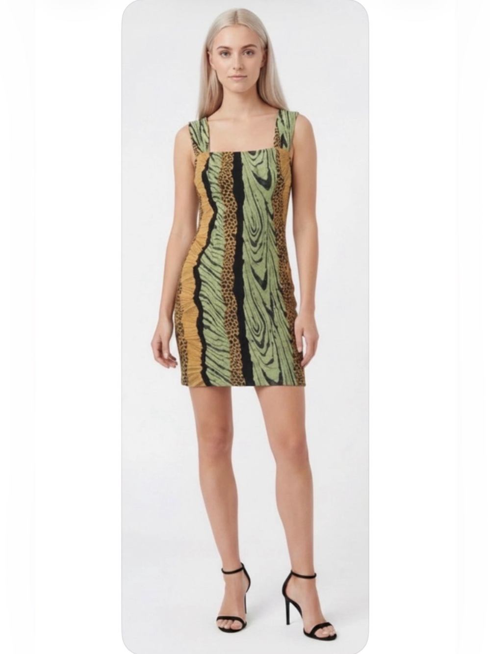 Vintage Green, Gold, Tan & Brown Animal Print Square-Neck Bodycon Dress